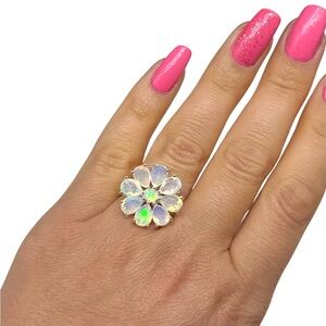 Ethiopian Fire Opal Flower Ring Size 7.5 Solid 925 Sterling Silver